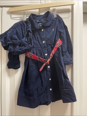 Ralph Lauren Navy Corduroy Dress with Red Plaid Belt